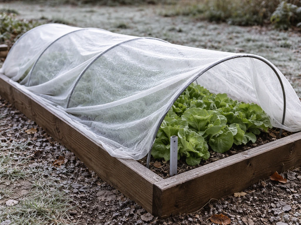 Lettuce under a floating row cover with small hoop supports and a frost thermometer stake in the garden bed.