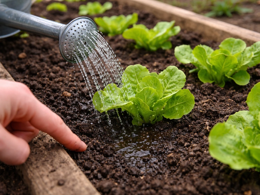 Watering a lettuce plant at the soil base in winter, with dry leaves and a finger checking moisture.