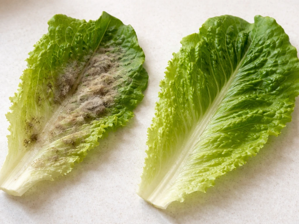 Close-up comparison of moldy gray-brown lettuce leaf next to a healthy green leaf on a counter.