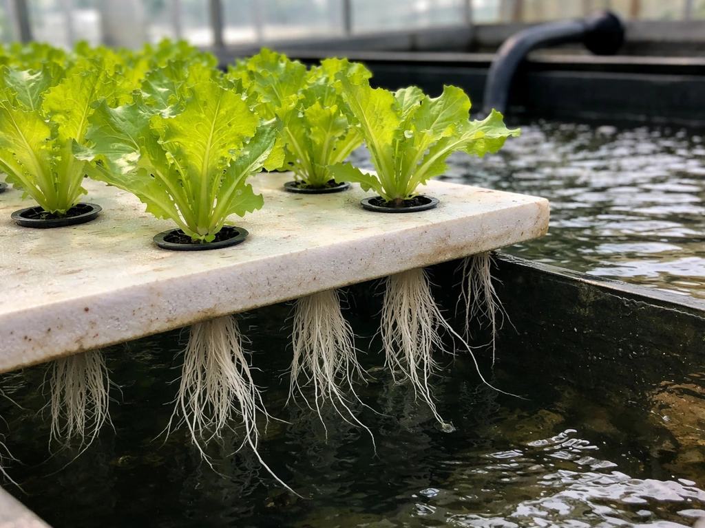 Fresh lettuce in an aquaponics raft bed with visible roots beside a connected fish tank