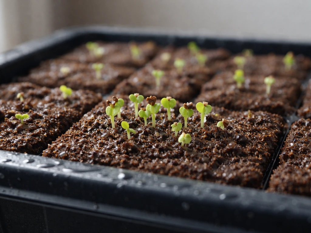 Close-up of lettuce seeds sprouting in a moist seedling tray with small green seedlings
