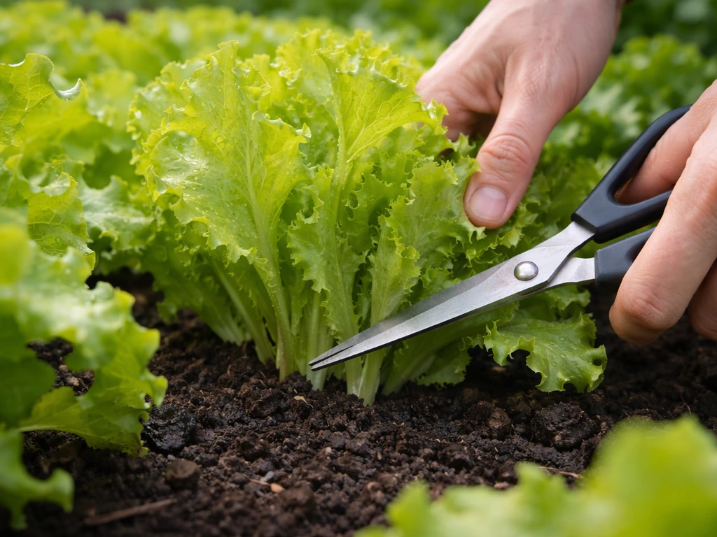 Close-up of leaf lettuce with outer leaves being cut using scissors above the soil.