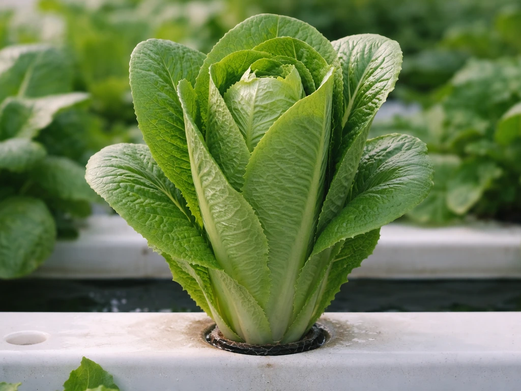 Close-up of romaine lettuce with a tight, layered head forming in an aquaponics-style grow setup.