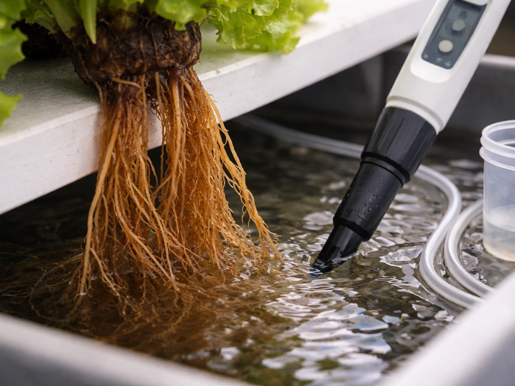 Close-up of brown, slimy lettuce roots with a dissolved oxygen test meter and tubing in a simple tank setting.