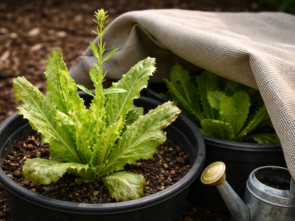 Close-up of bolting lettuce in a pot with an emerging flower stalk and nearby shade cloth setup.