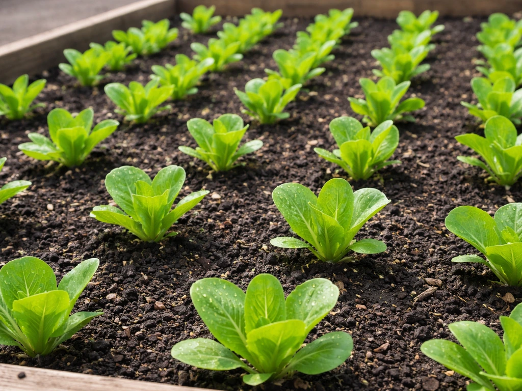 Young cos lettuce seedlings in neat rows in a raised bed, showing spacing and fresh growth.