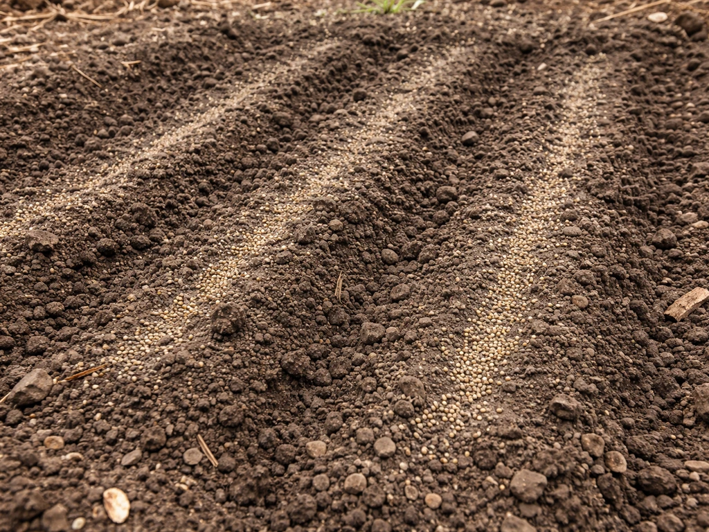 Close-up of shallow furrows in garden soil with tiny cos lettuce seeds lightly covered.