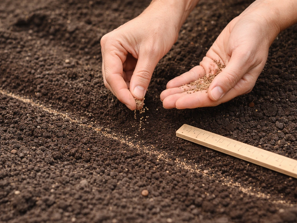 Close-up of hands sprinkling cos lettuce seeds on soil with a ruler indicating shallow sowing depth.
