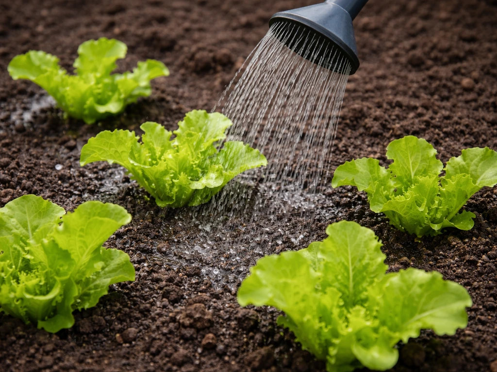 Hand watering lettuce bed with a gentle watering can, evenly moist soil with fresh leaves.