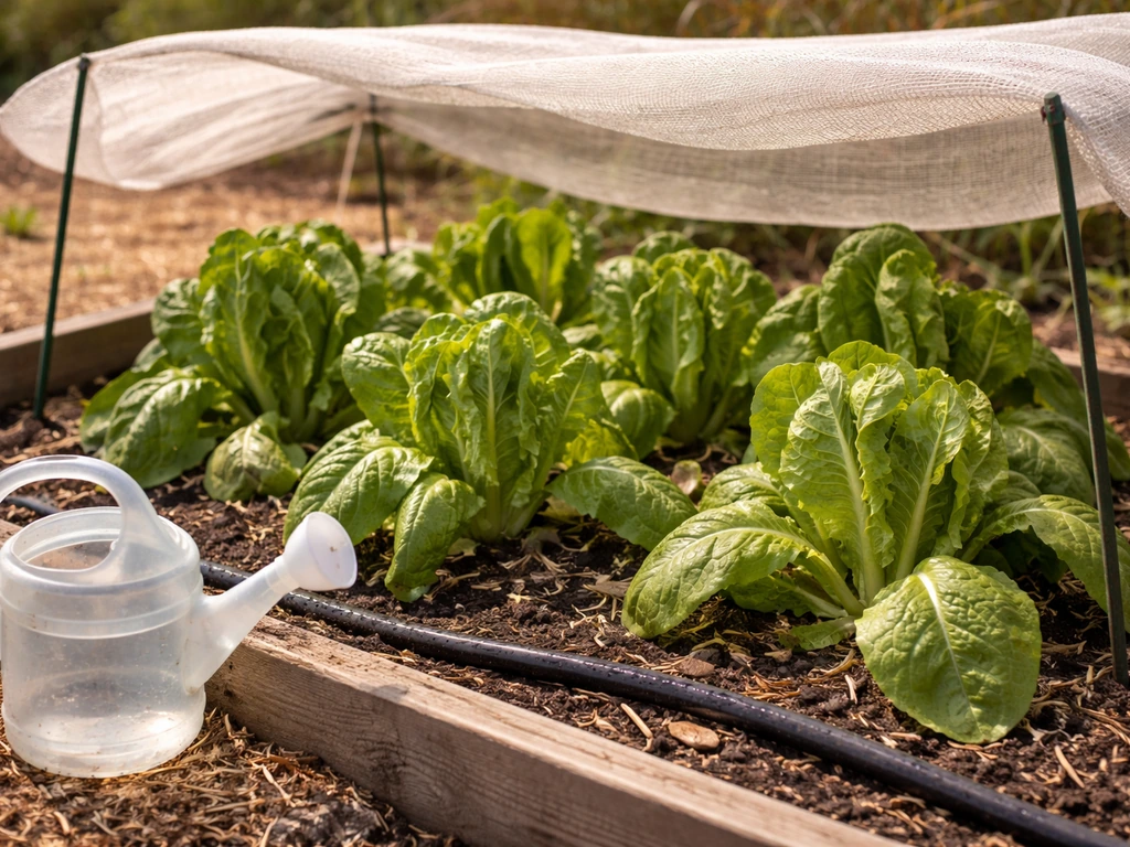Cos lettuce plants under a simple shade cloth in hot weather with heat-stress prevention setup nearby.