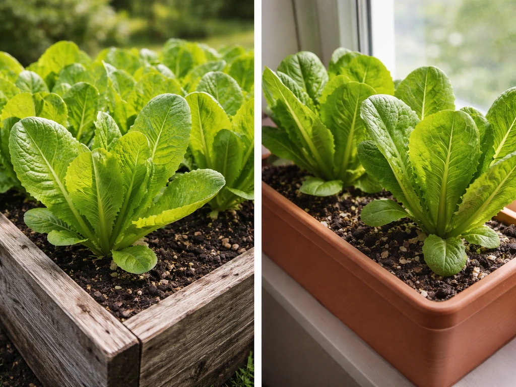 Lush lettuce growing in a raised outdoor bed and a well-draining indoor container side by side.