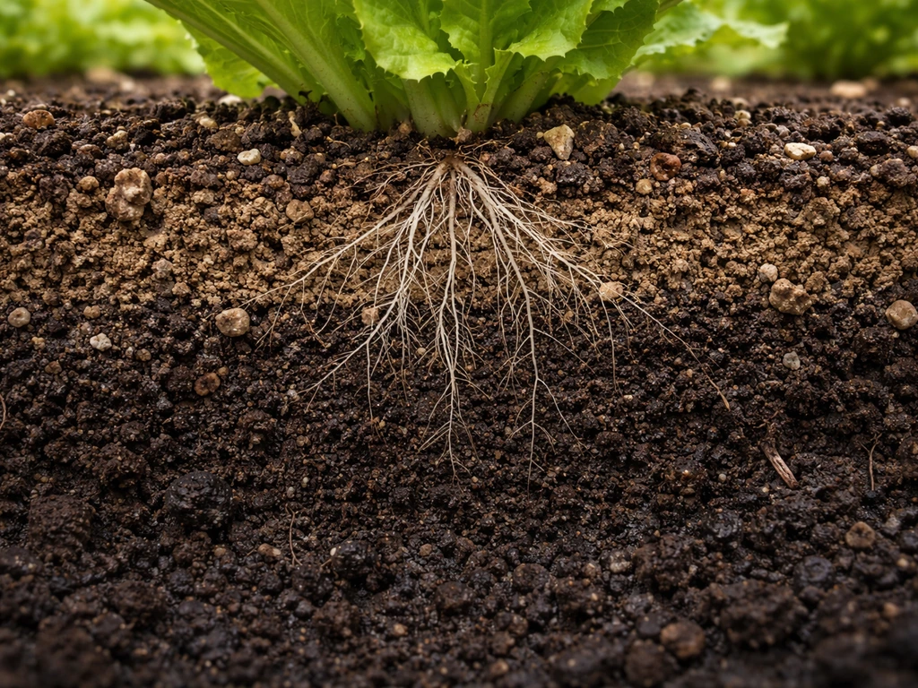 Close-up soil cross-section showing loose loamy texture and shallow lettuce root zone about 6 inches deep.