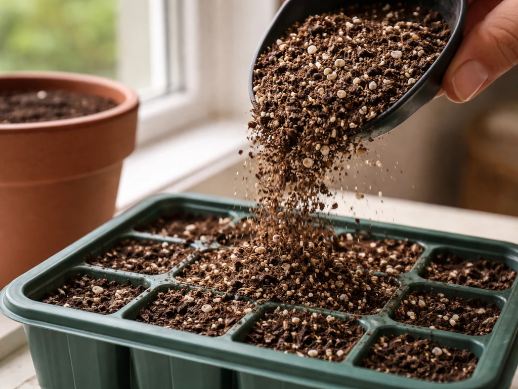 Light potting mix with perlite being poured into an indoor lettuce container on a windowsill