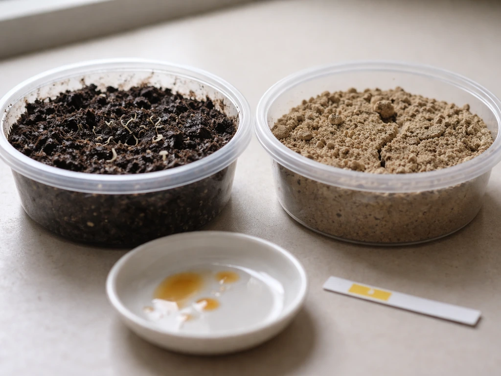 Close-up of wet, soggy soil vs dry, cracked soil in small containers with a pH test strip nearby.