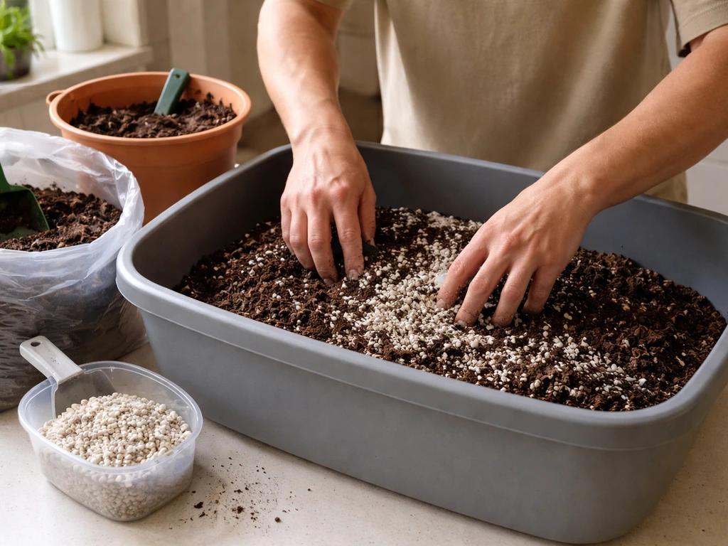 Person mixing potting mix, perlite, and compost in a bucket for indoor lettuce planting.