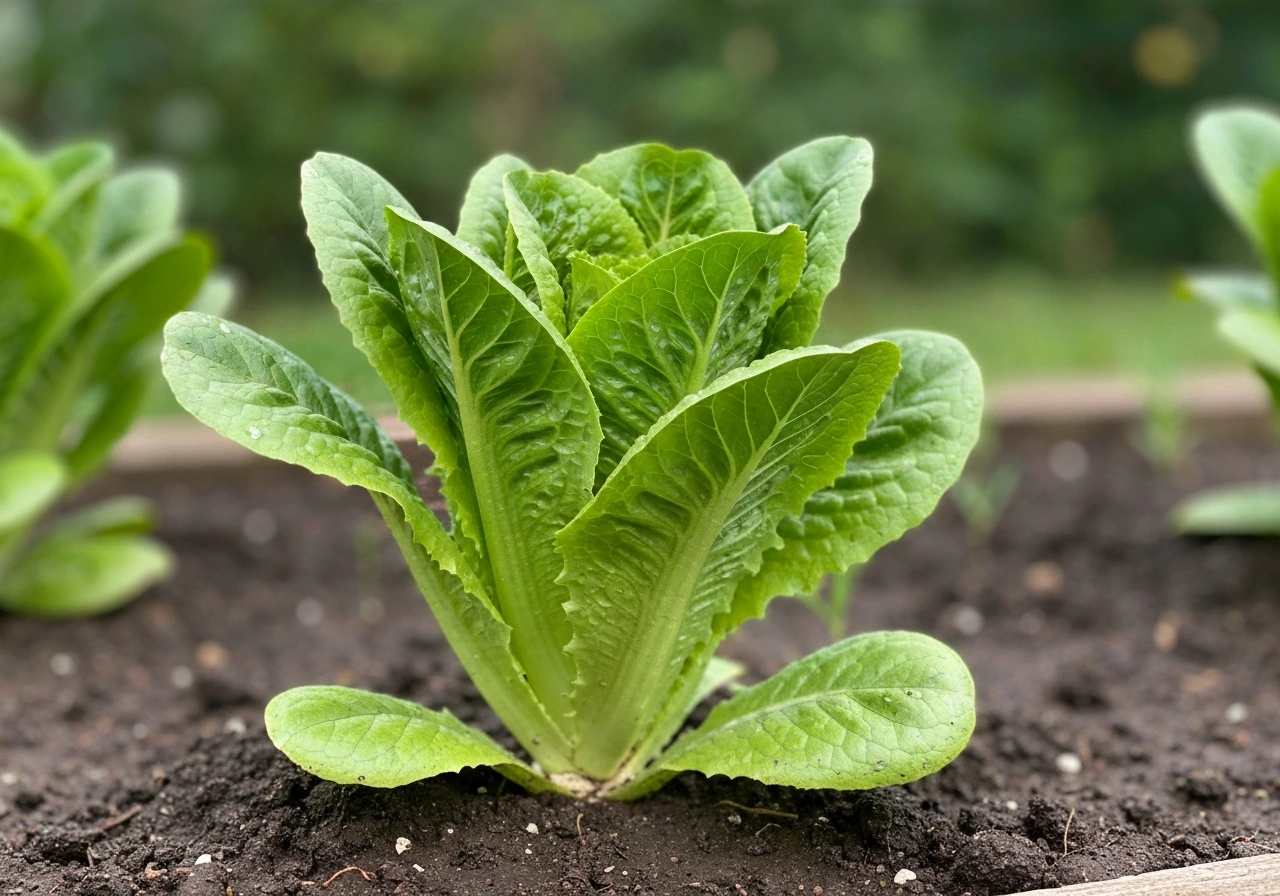 Near-harvest romaine lettuce growing upright in a garden, showing dark outer leaves and pale inner heart.