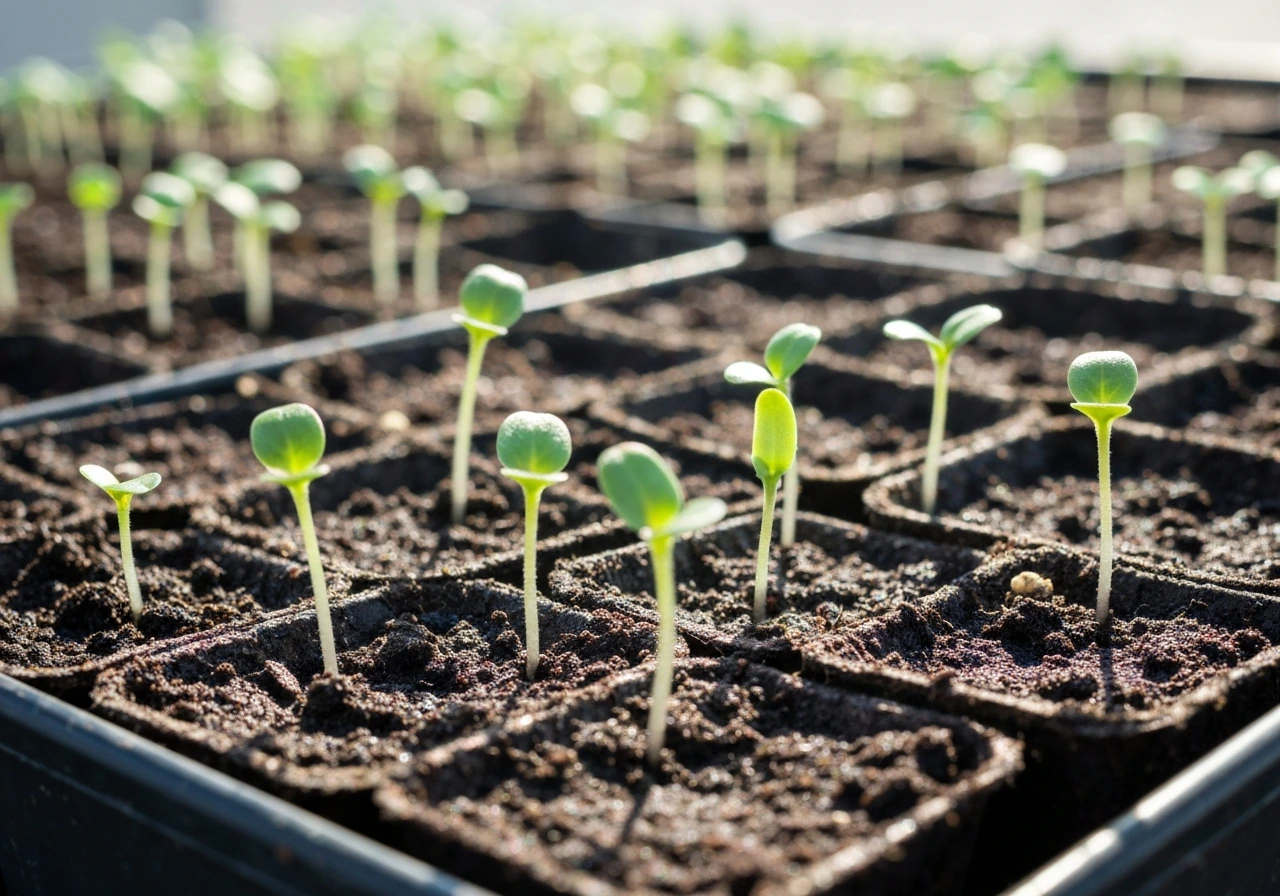 Close-up of young Parris Island Cos seedlings emerging in tidy rows from seed-starting soil.