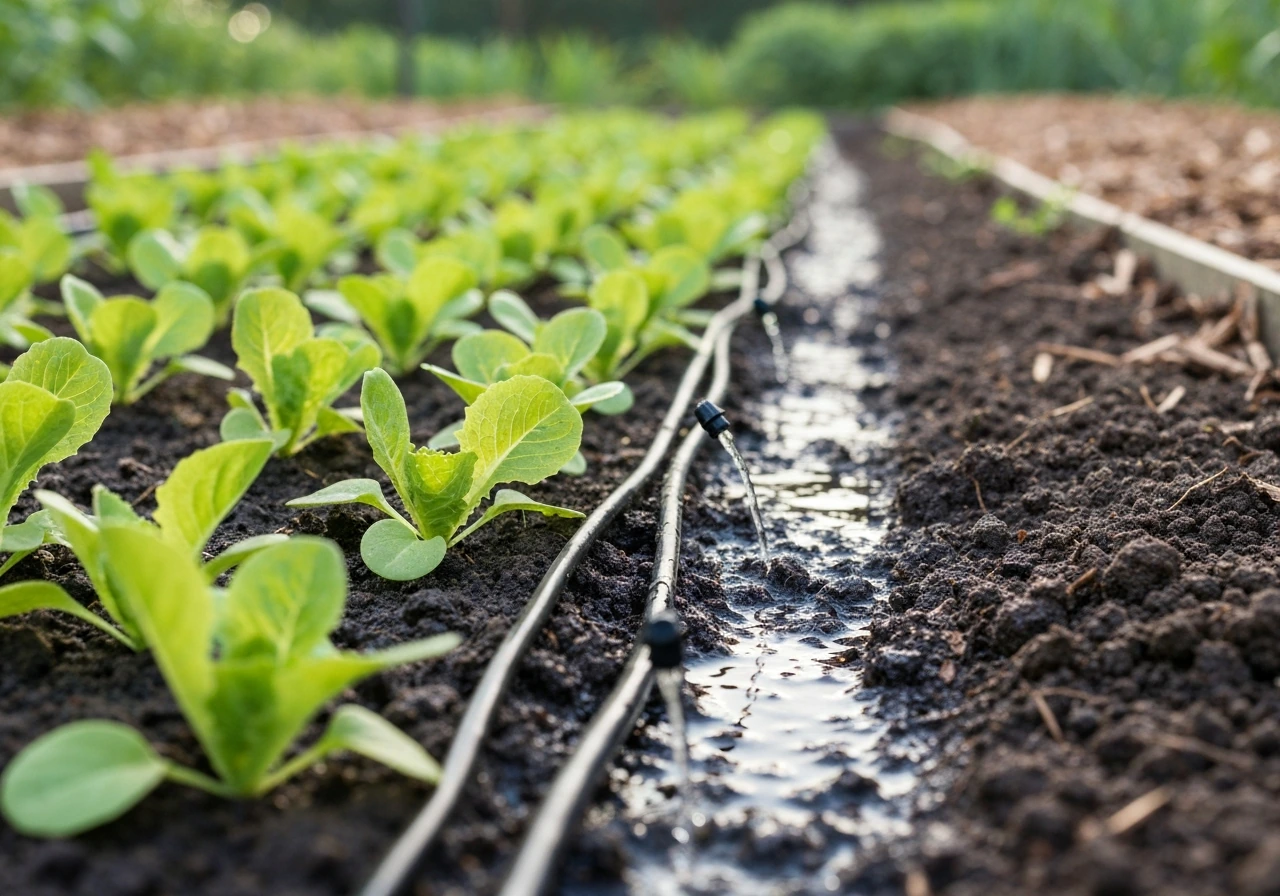 Close-up of shallow-rooted lettuce bed being watered with a drip line, soil visibly moist and dark