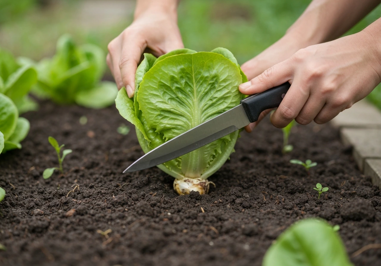 Gardener’s hands cutting a lettuce head at soil level with a clean knife