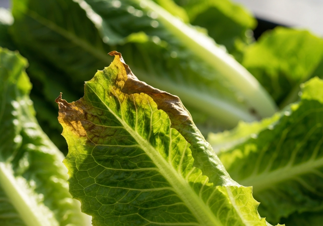 Close-up of romaine inner leaves showing brown papery tipburn edges.