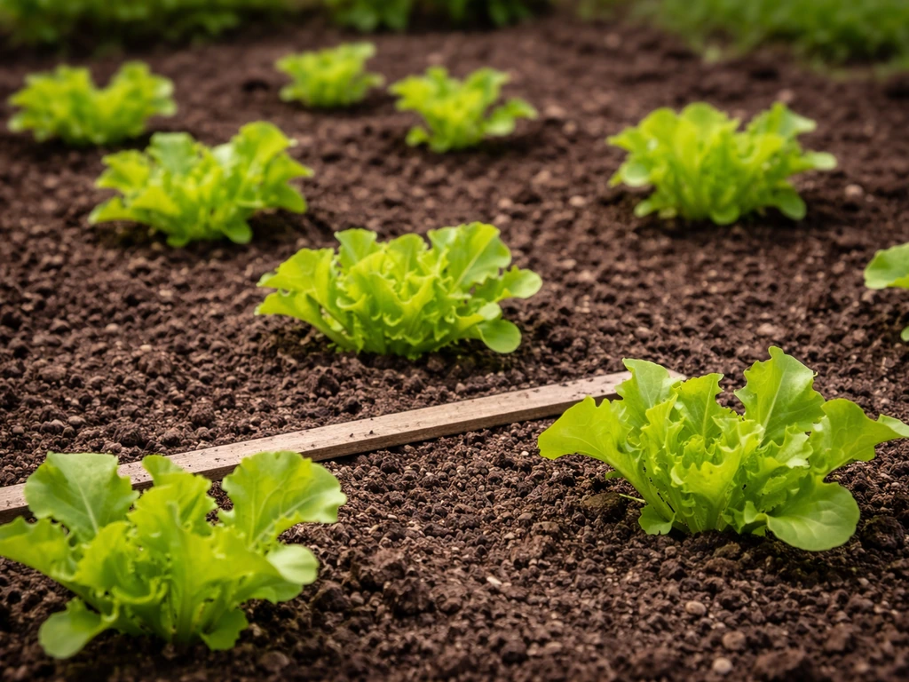 Compact lettuce seedlings spaced in a garden bed with visible airflow gaps and simple measuring guide
