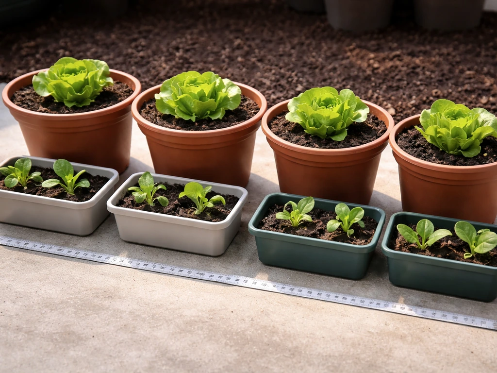 Row of small pots with one compact leafy head per pot and loose-leaf in smaller containers, with spacing measured.