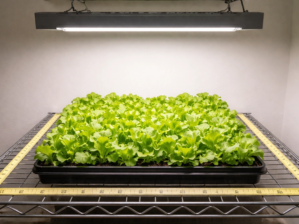 Lettuce seedlings under an LED grow light with a measuring tape showing the light’s 2x2 ft coverage area