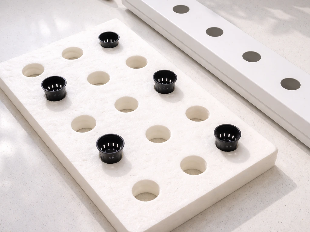 Top-down view of a DWC raft with spaced net-cup holes beside an NFT channel section.