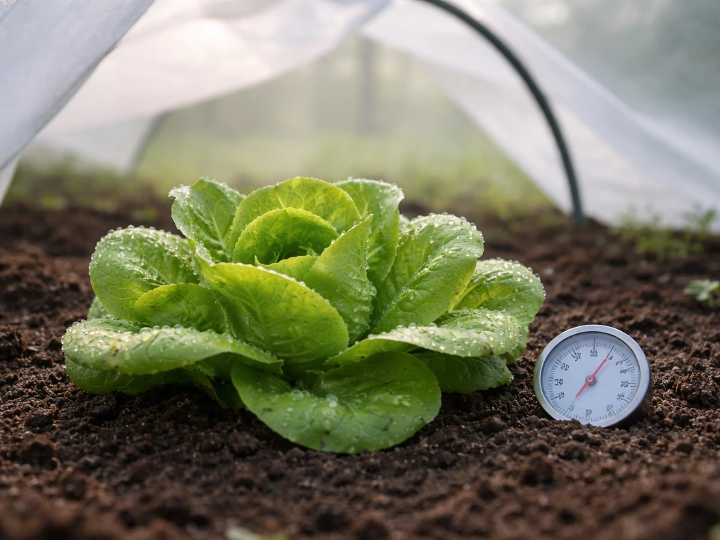 Healthy lettuce in partial shade beside a small analog thermometer in cool, misty morning light.
