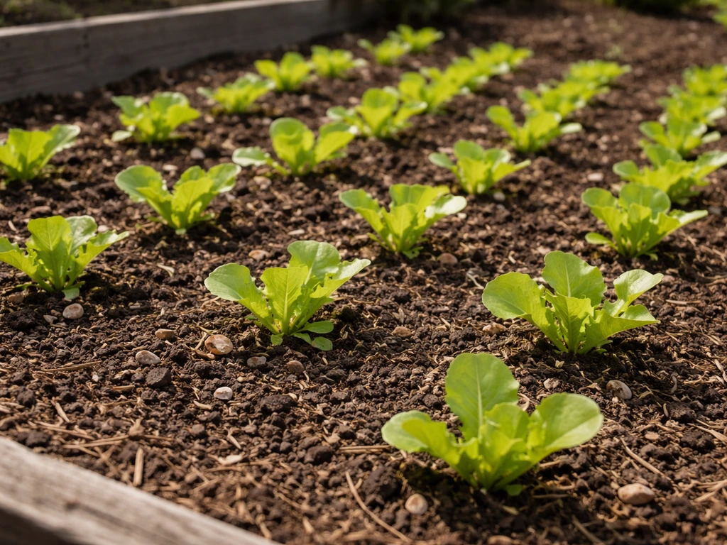 In-ground lettuce seedlings in a mulched garden bed with compost, showing sunny and partial-shade placement.