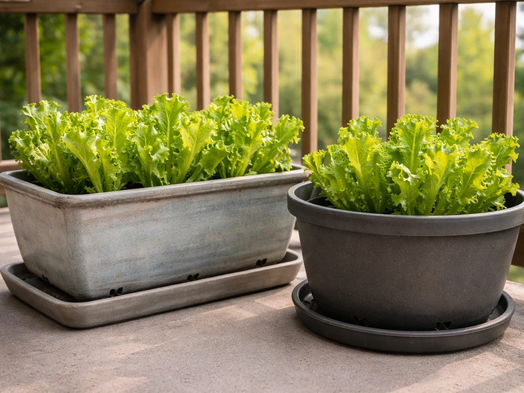 Fresh lettuce growing in balcony planter containers with visible drainage and saucers in place