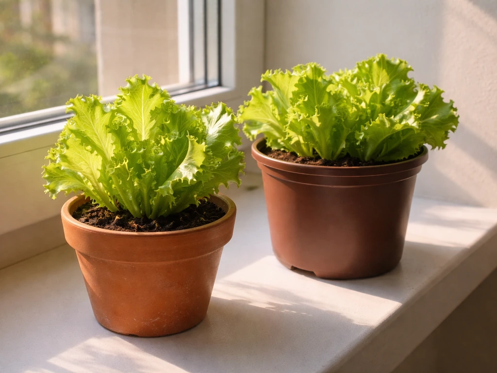 Green lettuce in small pots on a bright windowsill with sunlight streaming through the window.