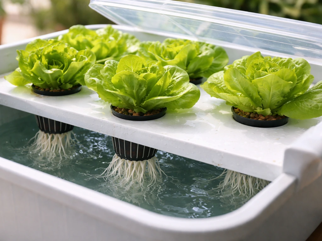 Leafy lettuce in a home hydroponic DWC/raft system with net pots and visible nutrient reservoir