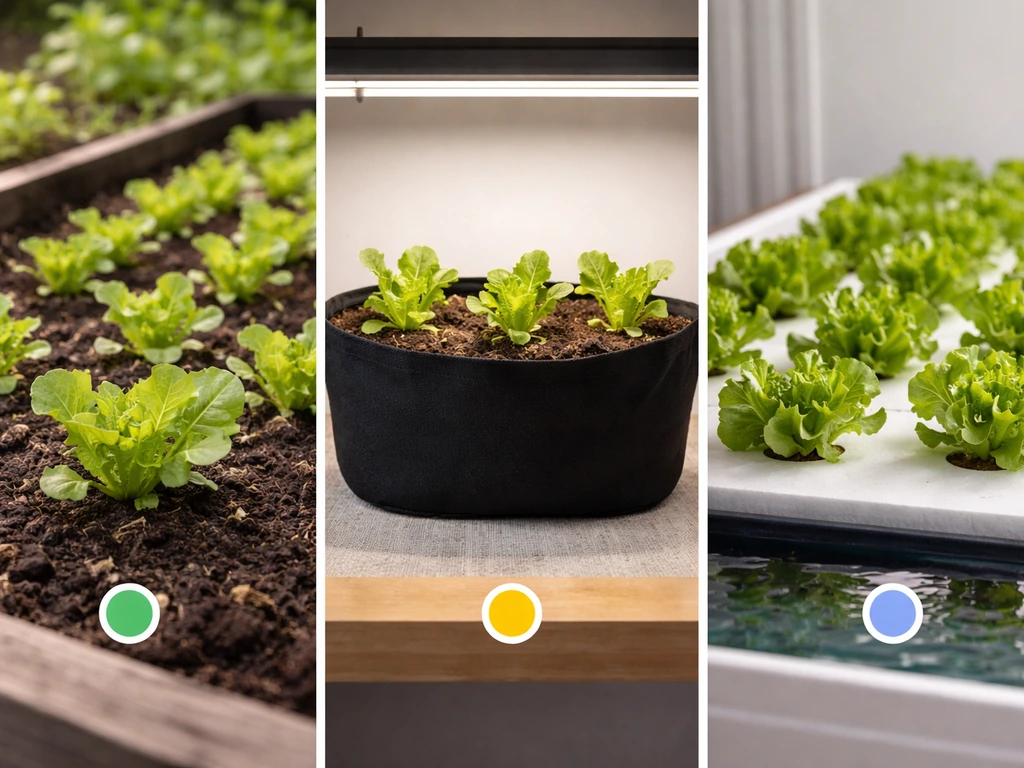 Side-by-side outdoor bed, indoor soil container, and hydroponic lettuce tray setups for harvest timelines.