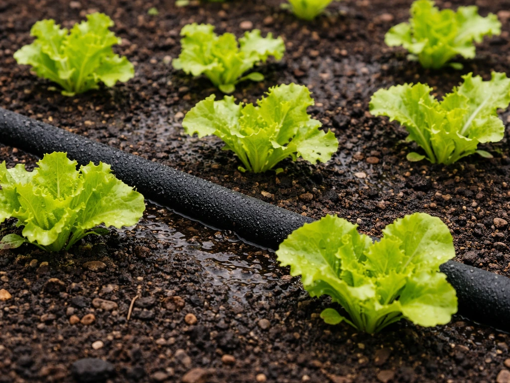 Soaker hose watering iceberg lettuce seedlings in evenly moist soil, close-up highlighting consistent moisture.