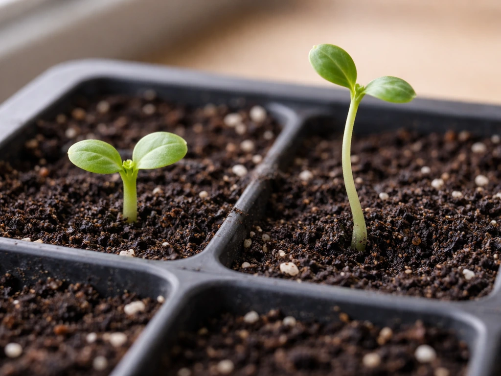 Close-up of lettuce seedlings: one healthy with compact leaves, one leggy or damping-off at the soil line
