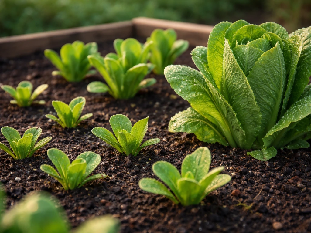 Romaine lettuce seedlings growing into a mature head in a simple garden bed