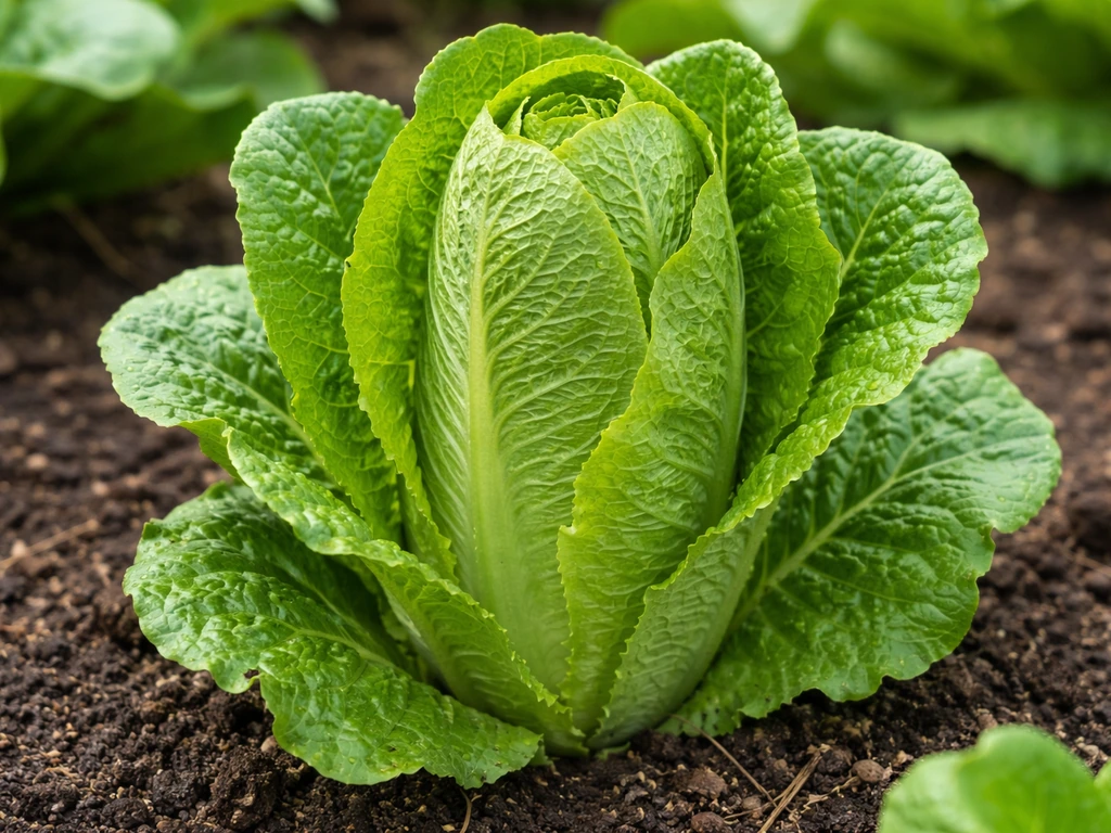 Close-up of a romaine lettuce head in a garden bed, tightly packed and ready for harvest.