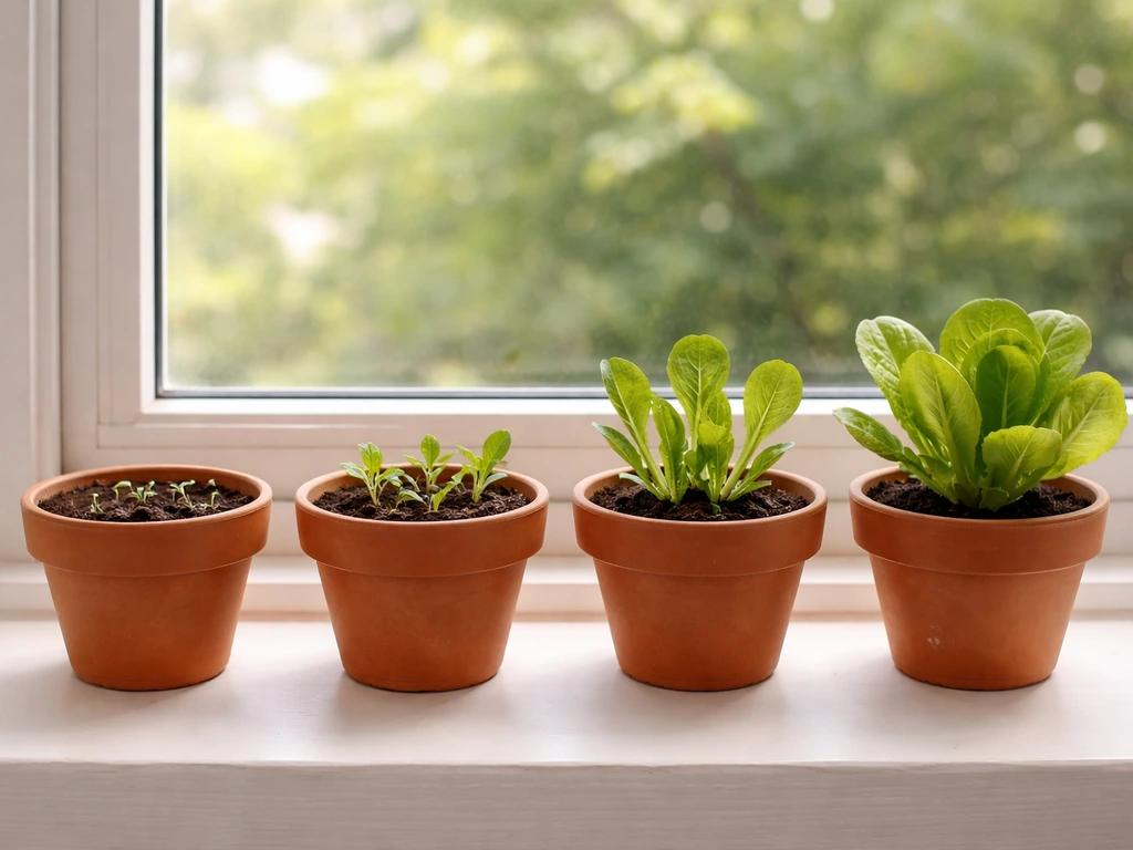Romaine lettuce seedlings at multiple growth stages in small pots on a sunny windowsill
