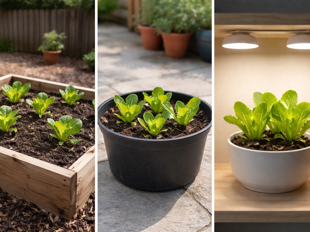 Romaine growing setups side-by-side: outdoor bed, container, and indoor grow under lights.