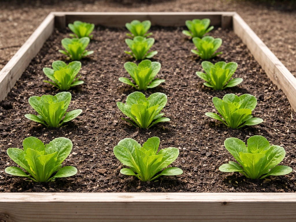 Romaine lettuce seedlings in a raised bed with clear spacing between plants.