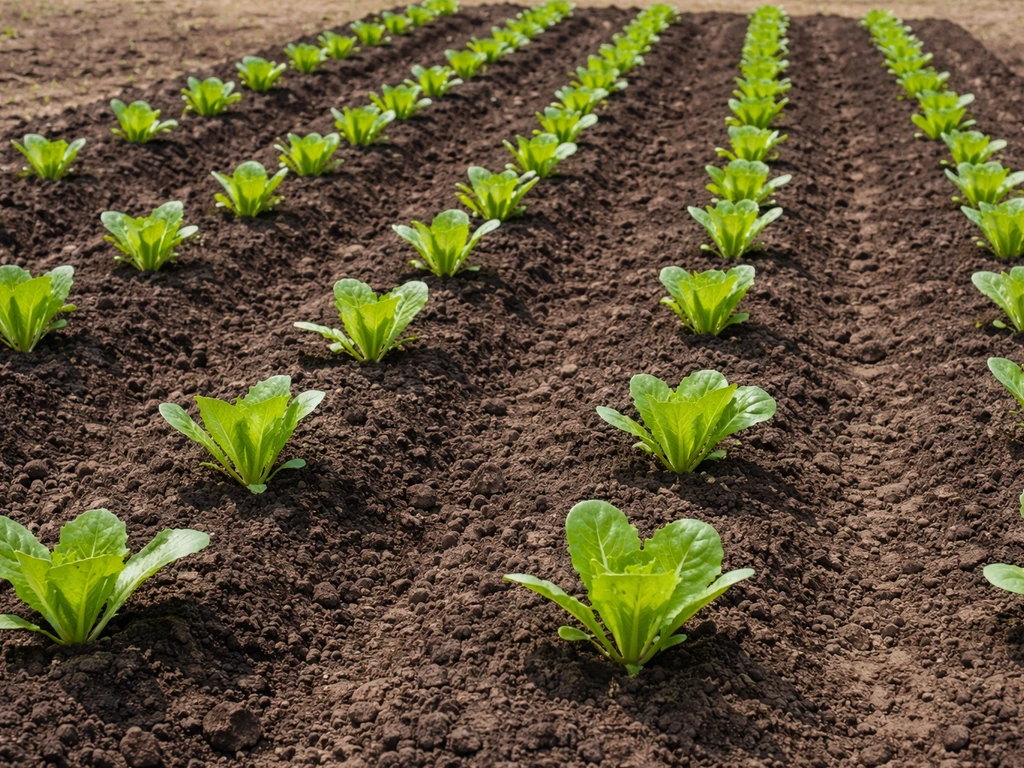 Romaine romaine seedlings in evenly spaced in-ground rows showing plant and row spacing.
