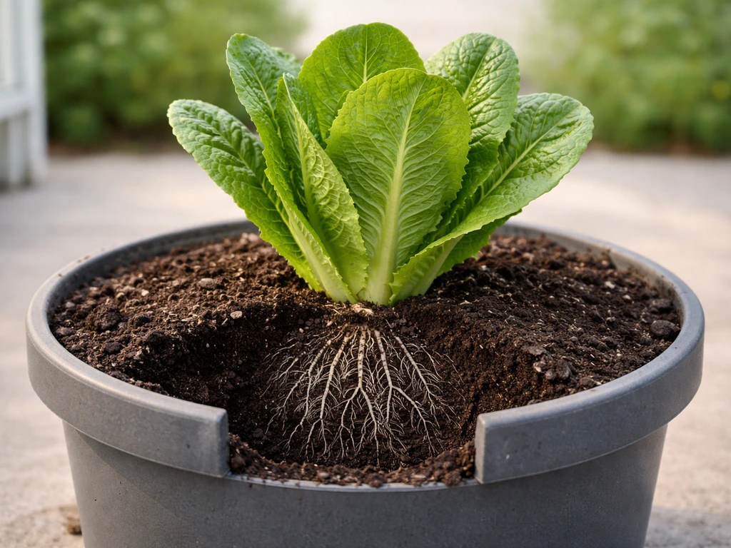 Romaine plant in a 12-inch pot with a visible soil depth guide by the root ball, one plant per pot.