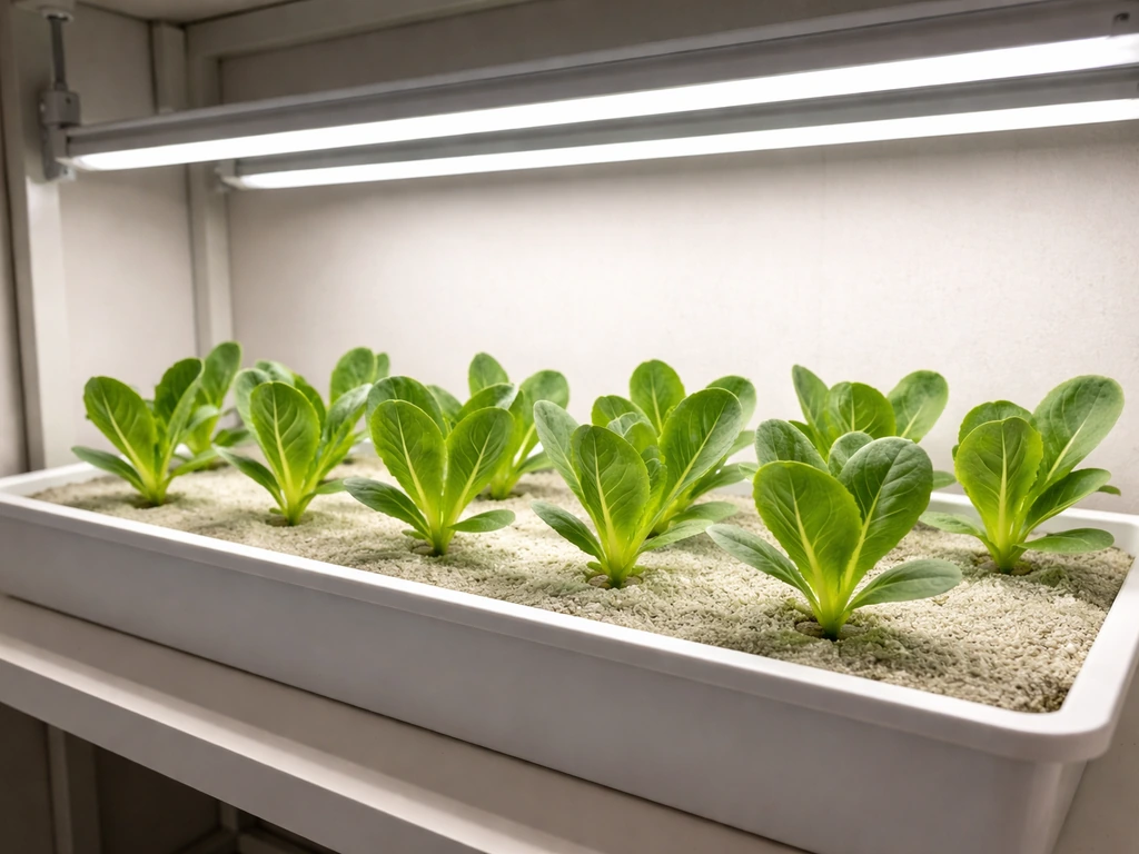 Romaine seedlings in an indoor planter under LED grow lights with wider spacing to show light drop-off.