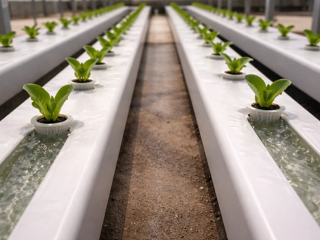 Minimal photo of a nutrient film technique hydroponic channel with net pots and seedlings