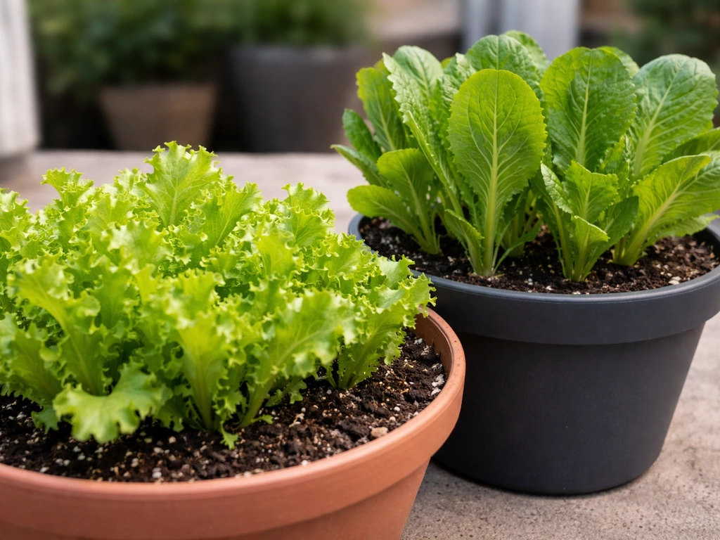 Leaf lettuce and romaine growing in two appropriately sized pots, close-up with thriving leafy greens.