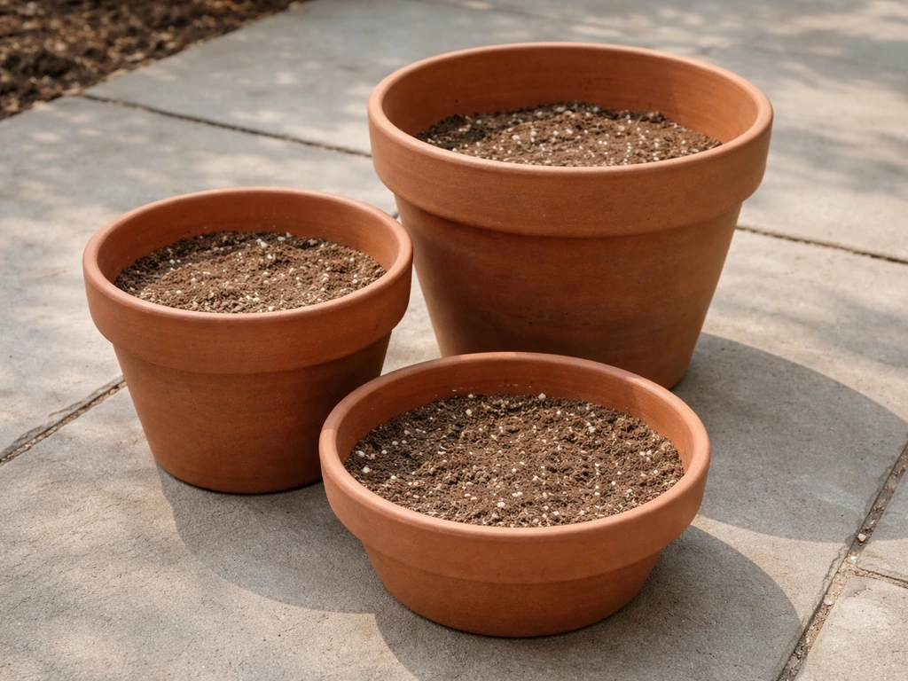 Three terracotta pots showing different depths for lettuce pot sizing, with soil but no plants.