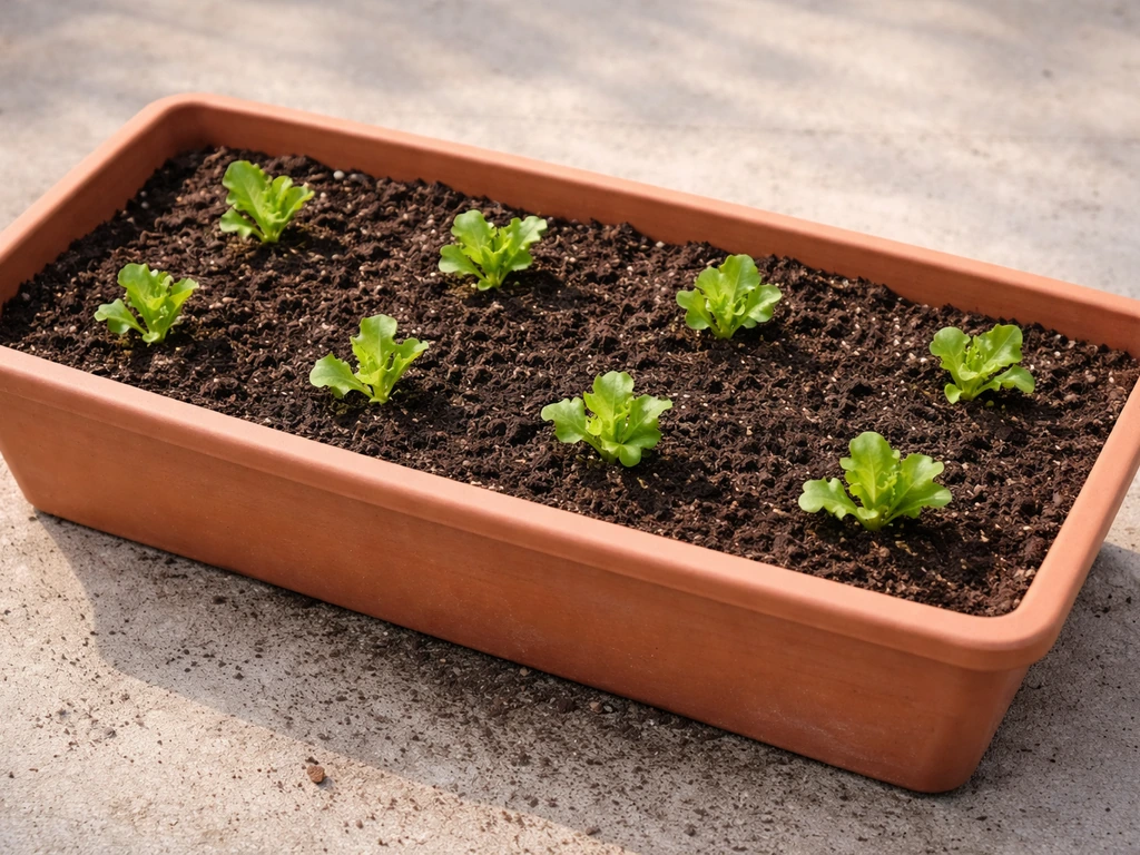 Multiple lettuce seedlings evenly spaced in a terracotta container with potting soil.