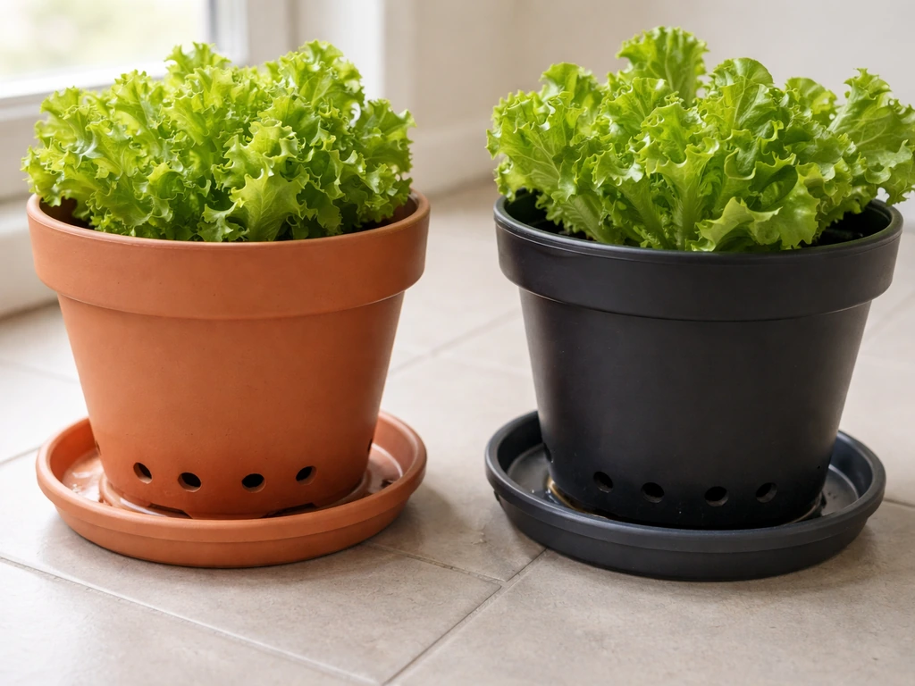 Terracotta and plastic pots on saucers with visible drainage holes and slight moisture around edges.
