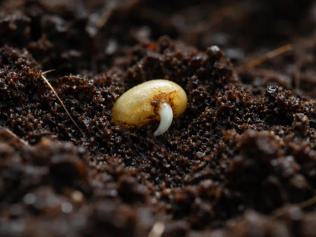 Macro close-up of a lettuce seed in moist soil with a tiny radicle emerging.